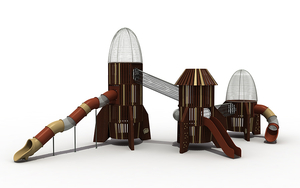 Equipo de juegos de madera para exteriores de aventura de cohete espacial exterior con tobogán de plástico